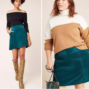 Anthropologie Maeve Mini Skirt Sz 6 Emerald Green Corduroy Zip Velvet Pockets